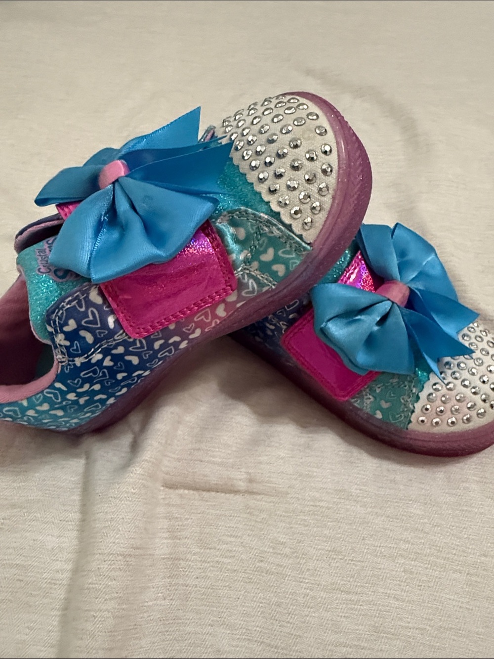 Skechers Girls' Blue Teal and Pink Bow Sneakers with Silver Studs